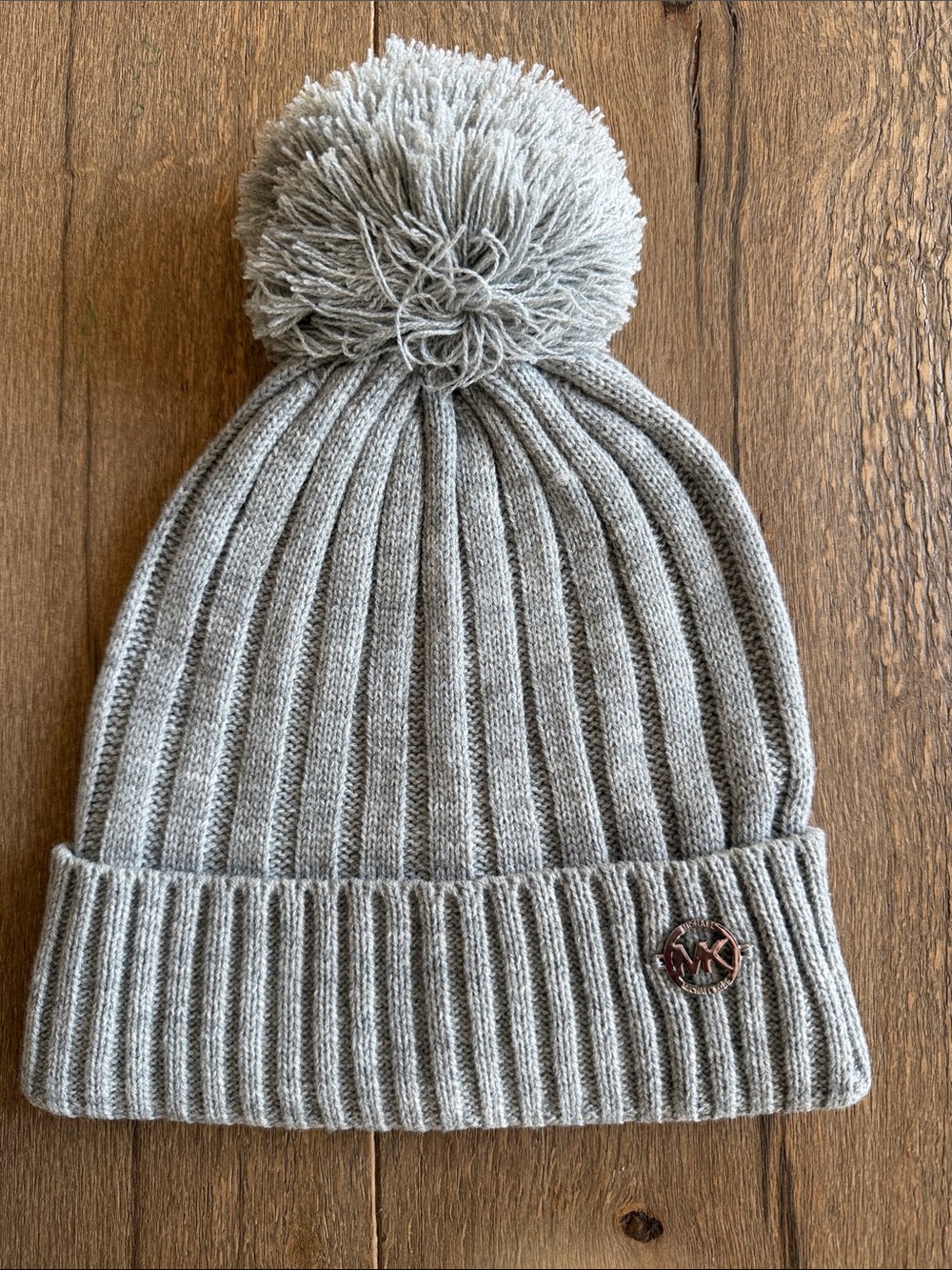 Michael Kors Light Gray Ribbed Pom-Pom Beanie